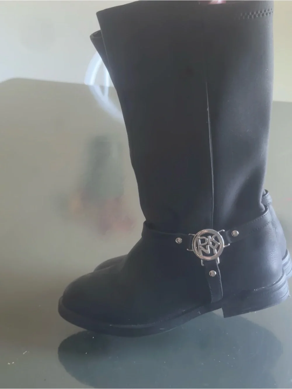 DKNY Black Girls' Mid-Calf Logo Harness Boots